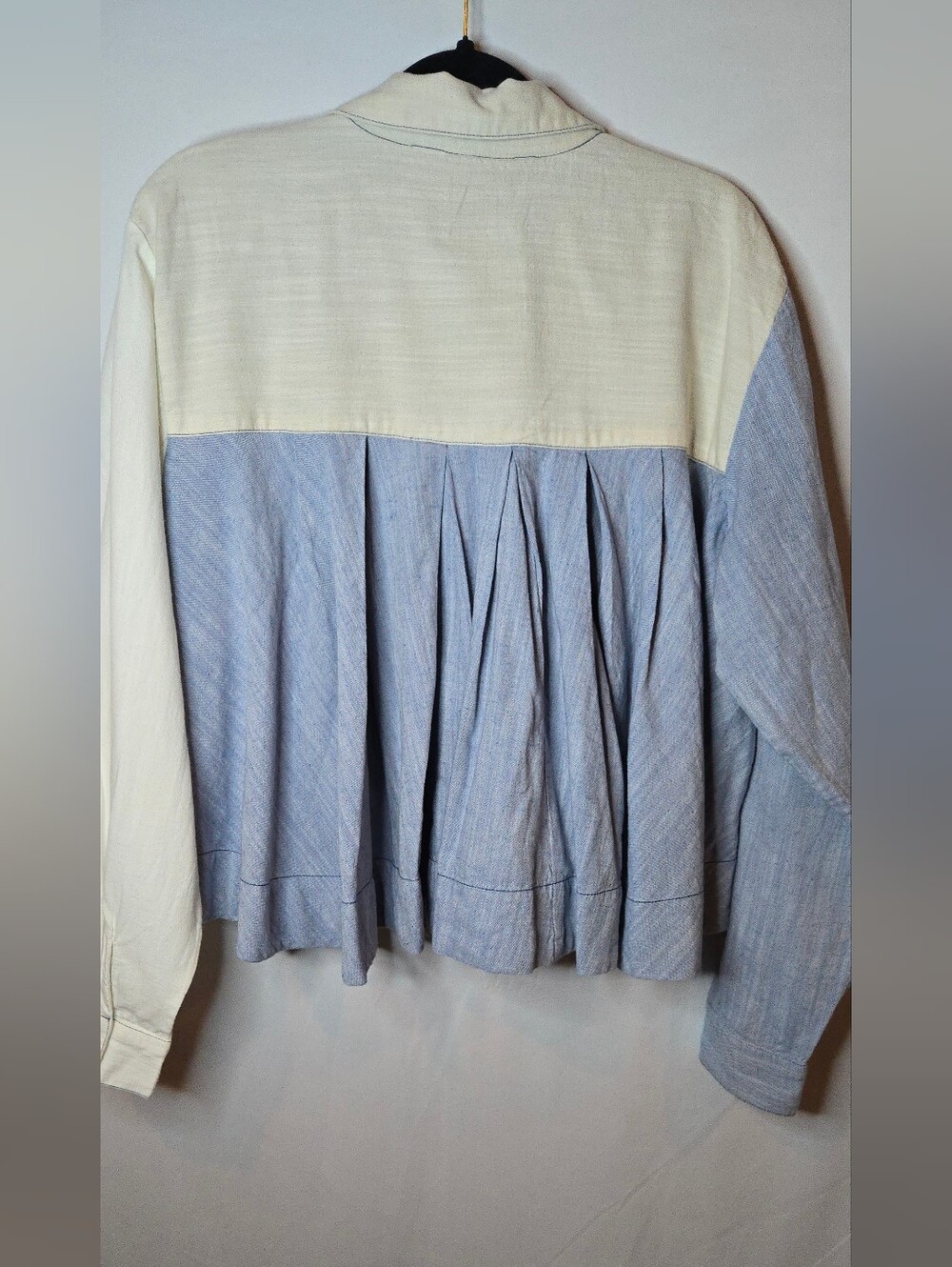 Anthropologie Maeve Color Block Blue Cream Cotton Linen Pleated Swing Shirt L - Picture 7 of 7